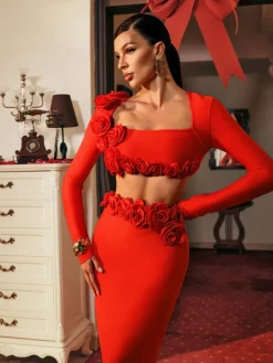 Sets & Co-ords*Bandage Rufus Flower Skirt Set In Red