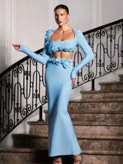 Sets & Co-ords*Bandage Rufus Flower Skirt Set In Blue