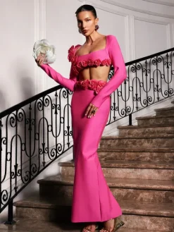 Sets & Co-ords*Bandage Rufus Flower Skirt Set In Hot Pink
