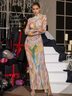 Maxi Dresses|Dresses*W Jia Rupok Turtleneck Rhinestone Maxi Dress