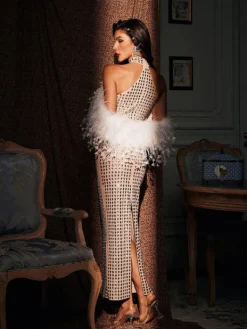 Embellishment|Dresses*Embellishment Russell Halterneck Rhinestone Feather Maxi Dress