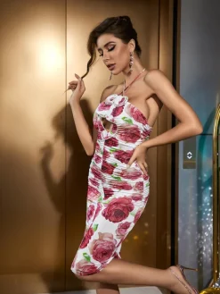 Dresses|Midi Dresses*Mew Mews Fashion Sachi Rose Printed Ruched Midi Dress
