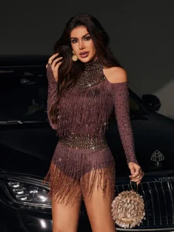 Bodysuits|Tops*Embellishment Safa Rhinestone Glitter Fringe Bodysuit