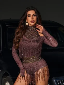 Bodysuits|Tops*Embellishment Safa Rhinestone Glitter Fringe Bodysuit