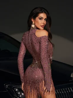 Bodysuits|Tops*Embellishment Safa Rhinestone Glitter Fringe Bodysuit