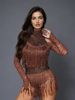 Bodysuits|Tops*Embellishment Safa Rhinestone Glitter Fringe Bodysuit