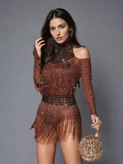 Bodysuits|Tops*Embellishment Safa Rhinestone Glitter Fringe Bodysuit
