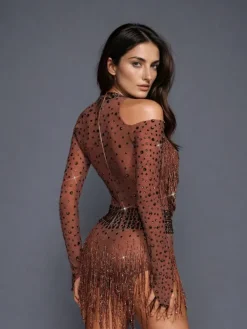 Bodysuits|Tops*Embellishment Safa Rhinestone Glitter Fringe Bodysuit
