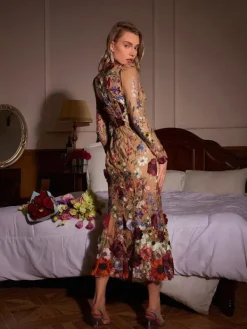 Dresses|Midi Dresses*Mew Mews Fashion Saige Long Sleeve Mesh Flower Mermaid Dress In Blush