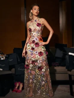 Embellishment|Dresses*Lu Yili Saige Sleeveless Mesh Flower Maxi Dress In Blush