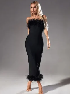Dresses|Midi Dresses*Bandage Salome Strapless Feather Trimmed Dress In Black