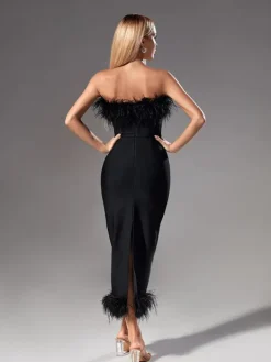 Dresses|Midi Dresses*Bandage Salome Strapless Feather Trimmed Dress In Black