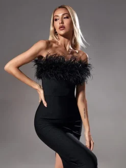 Dresses|Midi Dresses*Bandage Salome Strapless Feather Trimmed Dress In Black