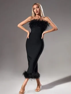 Dresses|Midi Dresses*Bandage Salome Strapless Feather Trimmed Dress In Black