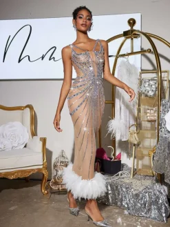 Embellishment|Maxi Dresses*Embellishment O/S Sarita Tulle Trimmed Sequin Maxi Dress