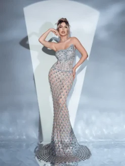 Embellishment|Dresses*Embellishment Sean Strapless Rhinestone Mesh Maxi Dress