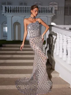 Embellishment|Dresses*Embellishment Sean Strapless Rhinestone Mesh Maxi Dress