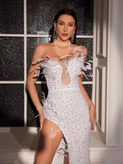Embellishment|Dresses*Lu Yili Sem Pearl Embellished Asymmetric Sequin Dress