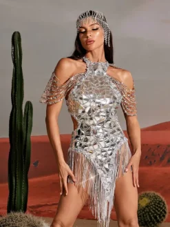 Embellishment|Dresses*Embellishment O/S Seppe Sequin Fringe Cutout Mini Dress
