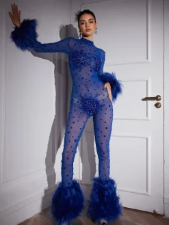 Jumpsuits & Romper*W Jia Shae Feather Trimmed Rhinestone Mesh Jumpsuit