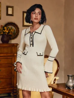 Dresses|Mini Dresses*Mew Mews Fashion Shalita Long Sleeve Ruffle Button Knitted Mini Dress