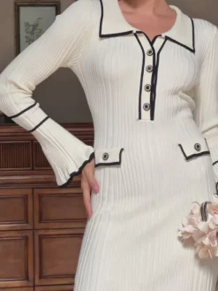 Dresses|Midi Dresses*Mew Mews Fashion Shalita Long Sleeve Ruffle Button Knitted Midi Dress In Apricot