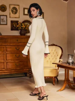 Dresses|Midi Dresses*Mew Mews Fashion Shalita Long Sleeve Ruffle Button Knitted Midi Dress In Apricot
