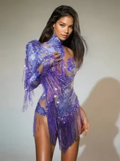 Bodysuits|Tops*Jiu Bajia O/S Shatora One Shoulder Rhinestone Fringe Bodysuit In Purple
