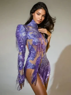 Bodysuits|Tops*Jiu Bajia O/S Shatora One Shoulder Rhinestone Fringe Bodysuit In Purple