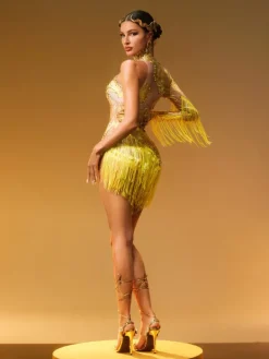Bodysuits|Tops*Jiu Bajia O/S Shatora One Shoulder Rhinestone Fringe Bodysuit In Yellow