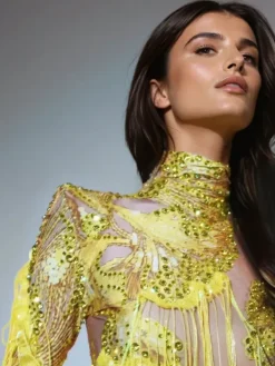 Bodysuits|Tops*Jiu Bajia O/S Shatora One Shoulder Rhinestone Fringe Bodysuit In Yellow
