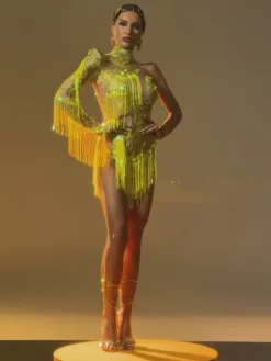 Bodysuits|Tops*Jiu Bajia O/S Shatora One Shoulder Rhinestone Fringe Bodysuit In Yellow