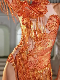Bodysuits|Tops*Jiu Bajia O/S Shatora One Shoulder Rhinestone Fringe Bodysuit In Orange