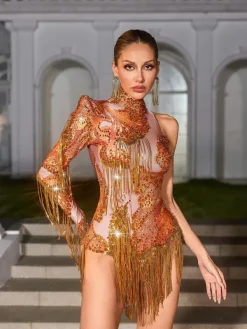 Bodysuits|Tops*Jiu Bajia O/S Shatora One Shoulder Rhinestone Fringe Bodysuit In Orange