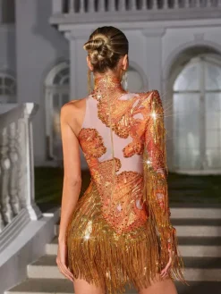 Bodysuits|Tops*Jiu Bajia O/S Shatora One Shoulder Rhinestone Fringe Bodysuit In Orange