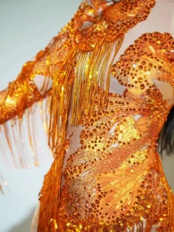 Bodysuits|Tops*Jiu Bajia O/S Shatora One Shoulder Rhinestone Fringe Bodysuit In Orange