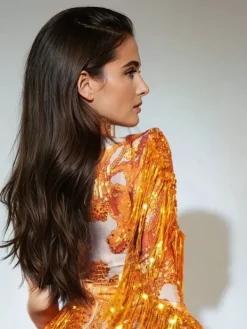 Bodysuits|Tops*Jiu Bajia O/S Shatora One Shoulder Rhinestone Fringe Bodysuit In Orange