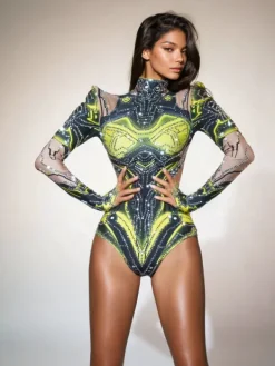 Bodysuits|Tops*Jiu Bajia O/S Shatoya Long Sleeve Rhinestone Printed Bodysuit