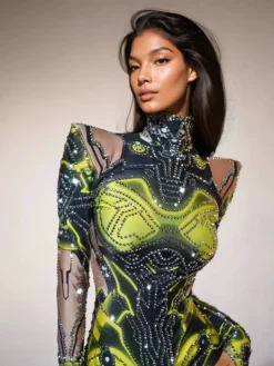 Bodysuits|Tops*Jiu Bajia O/S Shatoya Long Sleeve Rhinestone Printed Bodysuit