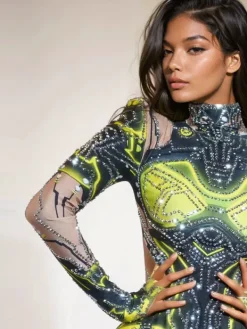 Bodysuits|Tops*Jiu Bajia O/S Shatoya Long Sleeve Rhinestone Printed Bodysuit