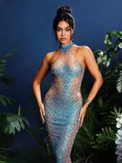 Dresses|Maxi Dresses*Jiu Bajia O/S Shawnette Ombre Halterneck Rhinestone Maxi Dress In Blue