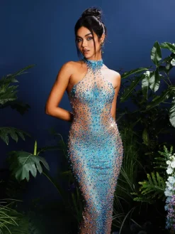 Dresses|Maxi Dresses*Jiu Bajia O/S Shawnette Ombre Halterneck Rhinestone Maxi Dress In Blue