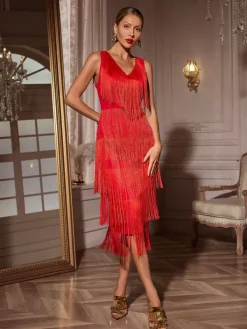 Dresses|Midi Dresses*Mew Mews Fashion Sheadon V Neck Fringe Midi Dress