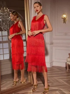 Dresses|Midi Dresses*Mew Mews Fashion Sheadon V Neck Fringe Midi Dress