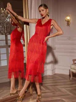 Dresses|Midi Dresses*Mew Mews Fashion Sheadon V Neck Fringe Midi Dress