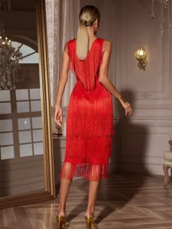 Dresses|Midi Dresses*Mew Mews Fashion Sheadon V Neck Fringe Midi Dress