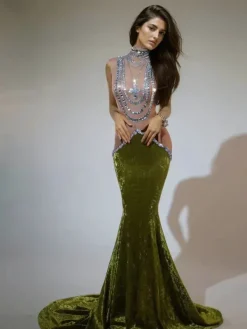 Dresses|Maxi Dresses*Jiu Bajia O/S Shelyn Rhinestone Velvet Mermaid Maxi Dress