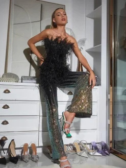 Jumpsuits & Romper*Mew Mews Fashion Shiva Ombre Feather Sequin Jumpsuit