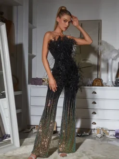 Jumpsuits & Romper*Mew Mews Fashion Shiva Ombre Feather Sequin Jumpsuit