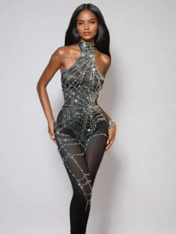 Jumpsuits & Romper|Embellishment*Nuo Fansi Siesen Cutout Cobweb Rhinestone Mesh Jumpsuit In Black
